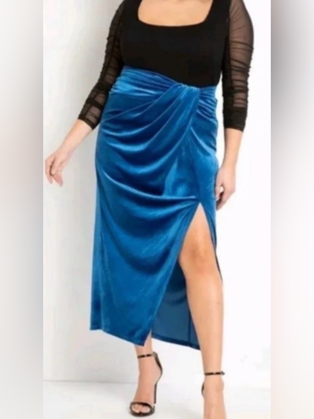 Eloquii cobalt  Blue Velvet Draped ruched waist Maxi Skirt with Side Slit siz 16